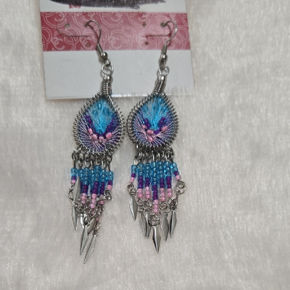 Boho Blue & Pink Beaded Teardrop Dream Catcher Fringe Earrings